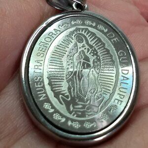 Nuestra Senora De Guadalupe Etched Oval Stainless Steel Pendant Religious Gift
